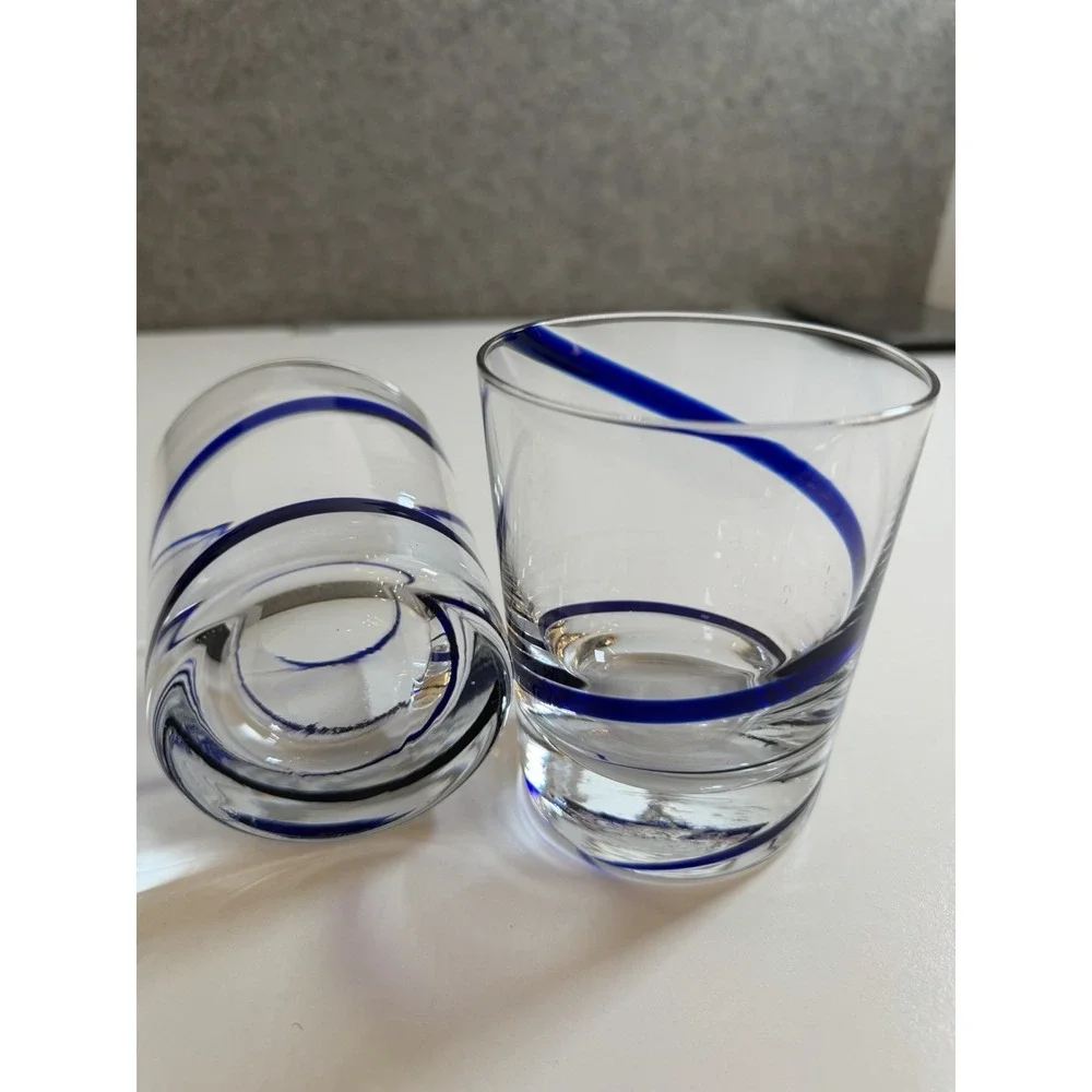 Pier 1 Swirline Cobalt Blue Double Old Fashioned Glass Blue Swirl 4